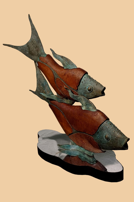 Subrata Paul's 'Partner' Bronze & Wood Fish Sculpture for Enduring Companionship