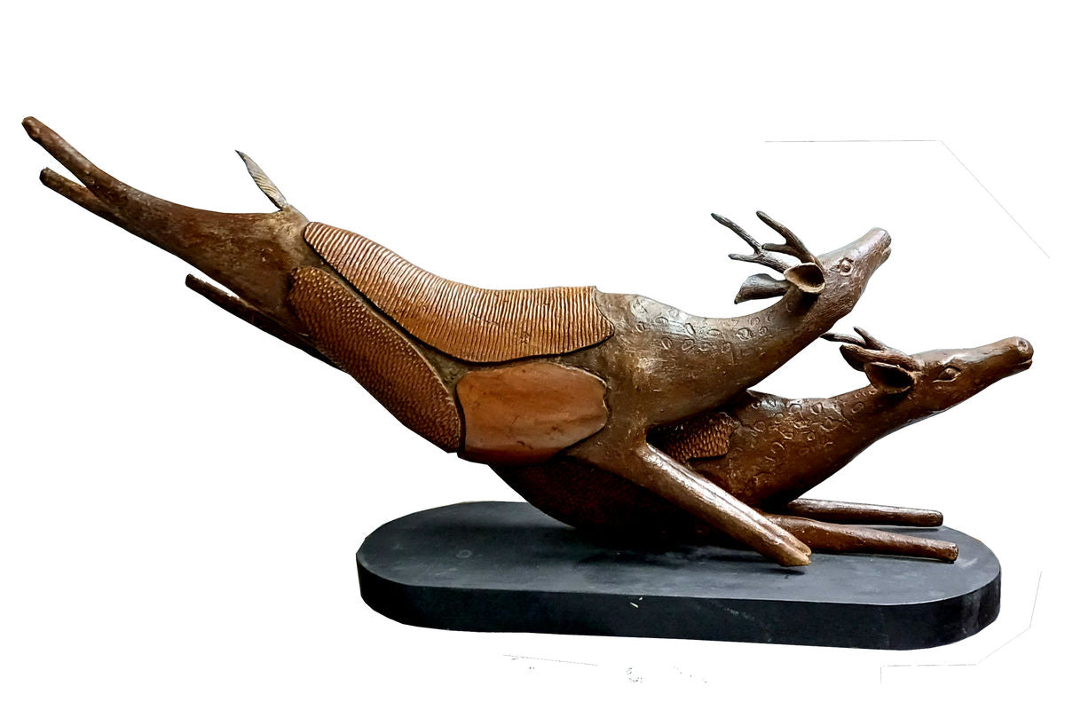 Elegant Bronze & Wood Deer Sculpture: Subrata Paul's 'Friendship' Art Piece