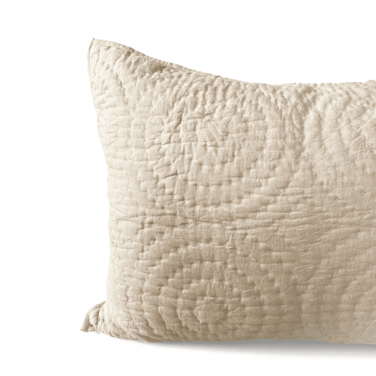 Beige Cotton Linen Quilted Pillow Sham with Circle Pattern