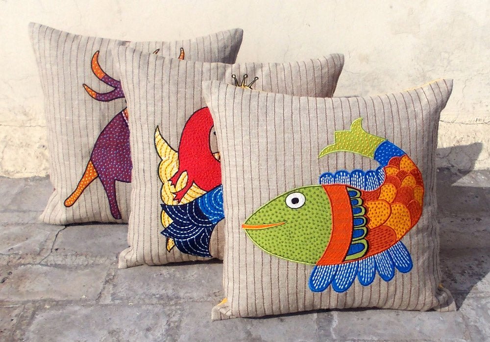 Handcrafted Fish Motif Linen Pillow Cover – 16x16 Boho Décor