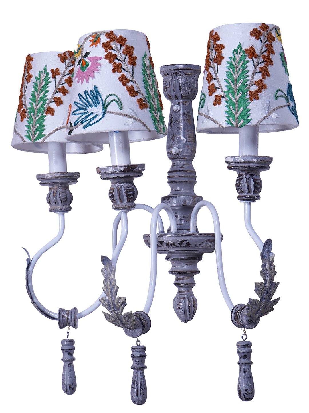 Distressed Grey Wood Fabric 3-Light Wall Sconce – 55.9 cm