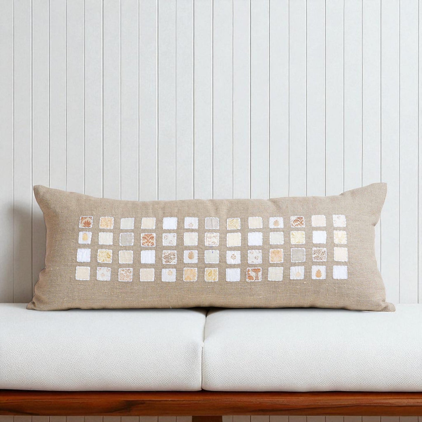 Pure Linen Pillow Cover with White Grid & Rice Stitch Embroidery