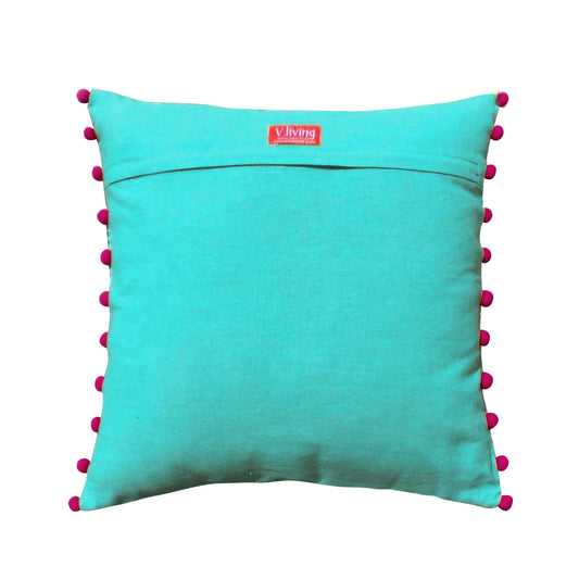 Stylized Solid Turquoise Cushion Cover with Rice Stitch & Pompoms