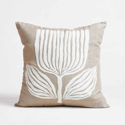 PURE ELEMENTS -Pure Linen Pillow Cover with White Aari Embroidery – Scandinavian Floral | 18x18 inches