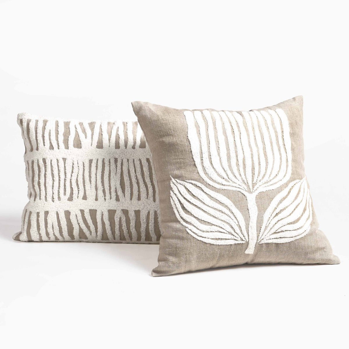 PURE ELEMENTS -Pure Linen Pillow Cover with White Aari Embroidery – Scandinavian Floral | 18x18 inches