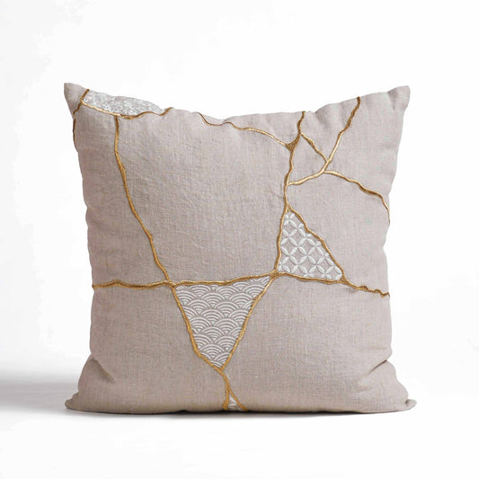 KINTSUGI Embroidered Linen Pillow Cover – 18x18 Inch, Gold & White Embroidery, Medium Mend