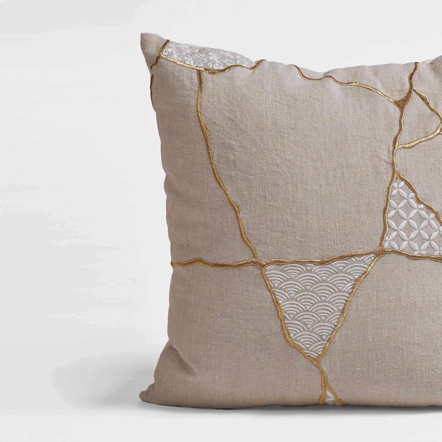 Kintsugi Gold Embroidered Linen Pillow Cover 45cm Square