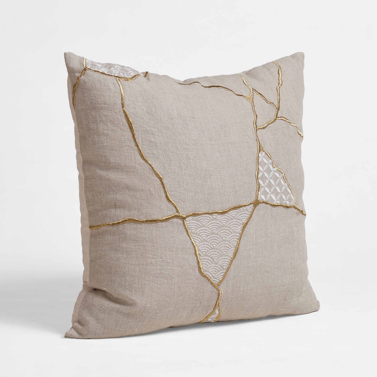 Kintsugi Gold Embroidered Linen Pillow Cover 45cm Square