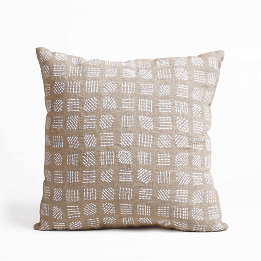 PURE ELEMENTS - Pure Linen Pillow Cover with White Rice Stitch Embroidery - Grid Pattern | 18x18 inches