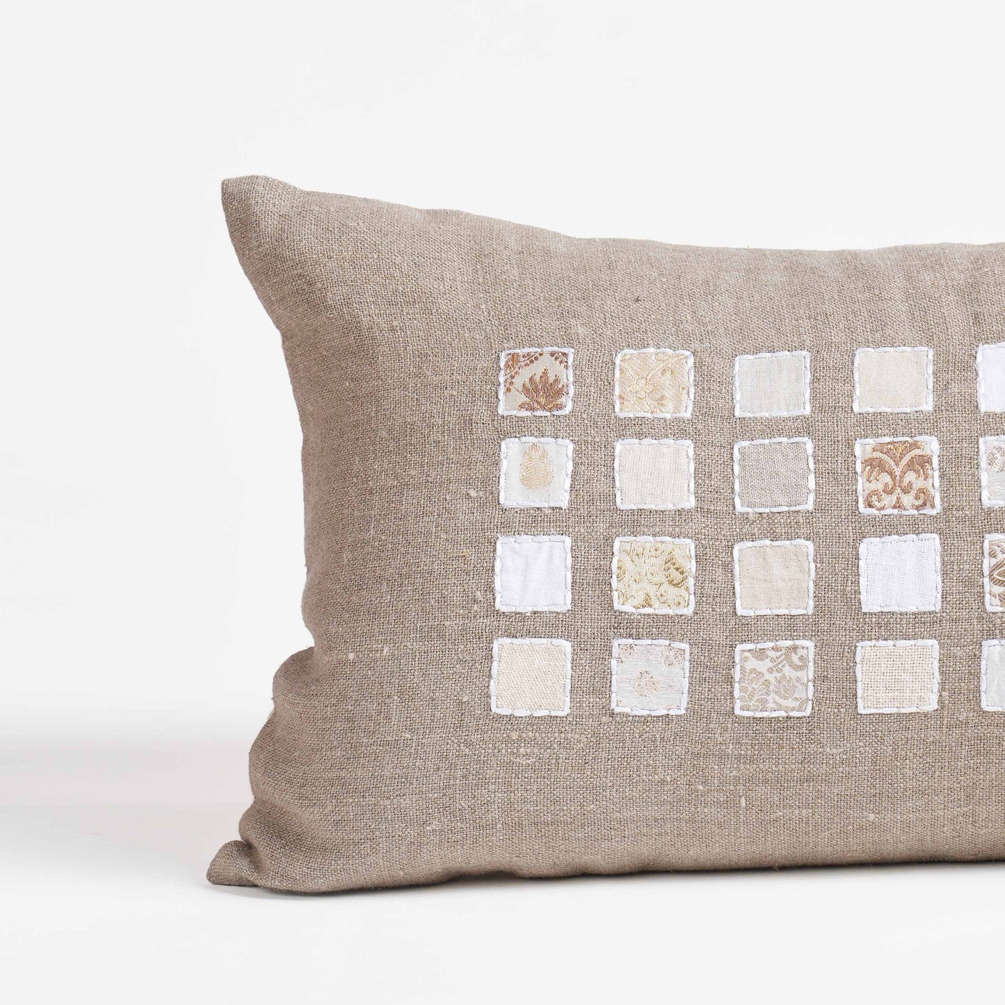 Pure Linen Pillow Cover with White Grid & Rice Stitch Embroidery