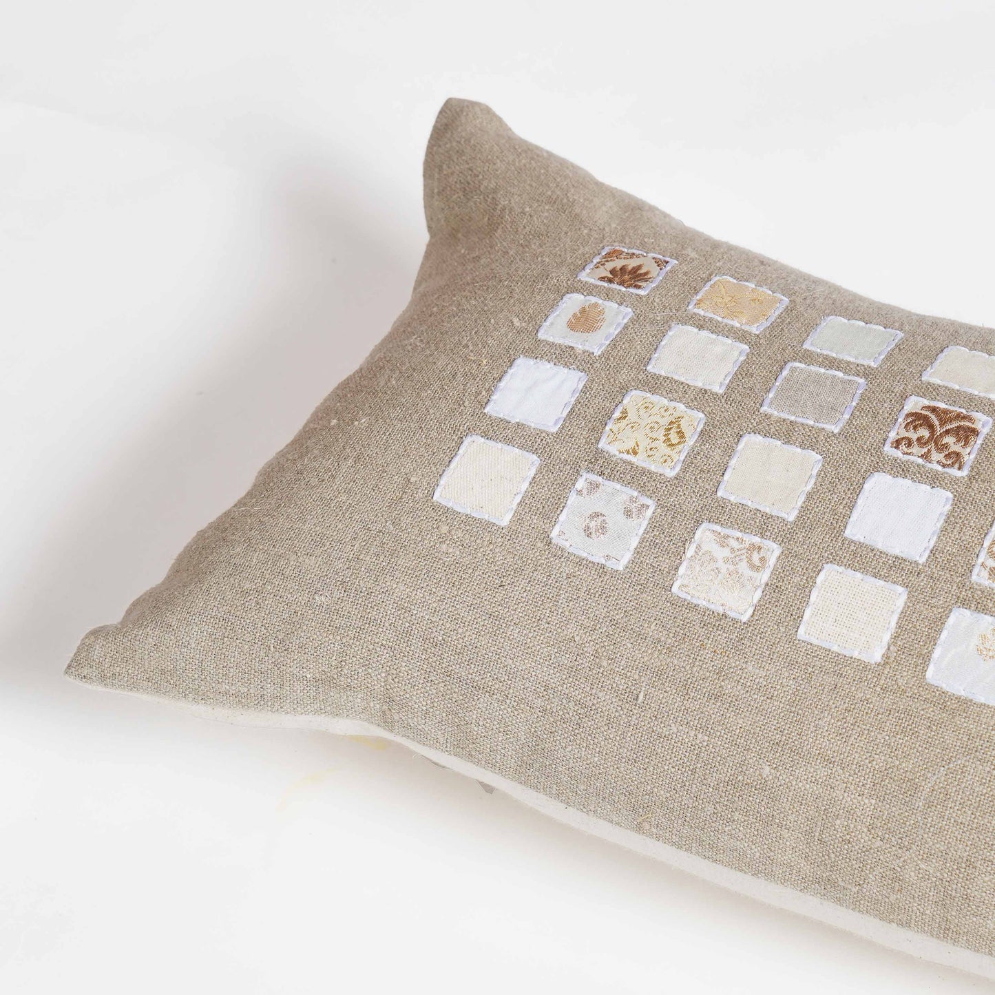 Pure Linen Pillow Cover with White Grid & Rice Stitch Embroidery