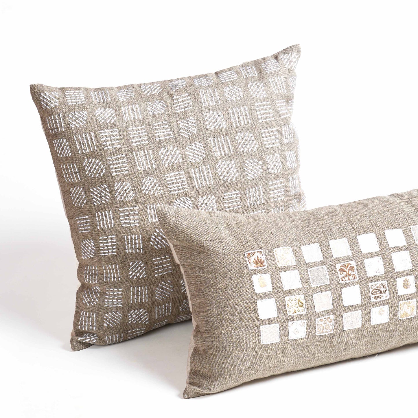 Pure Elements 100% Linen Pillow Cover with White Grid Embroidery
