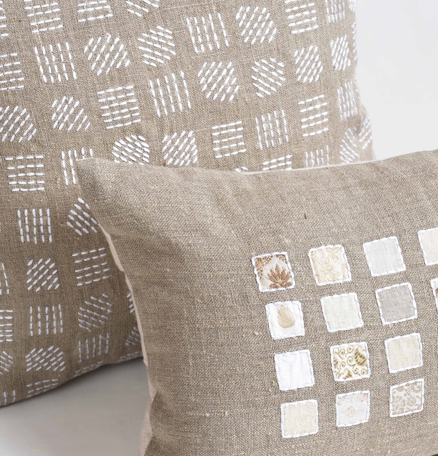 Pure Elements 100% Linen Pillow Cover with White Grid Embroidery