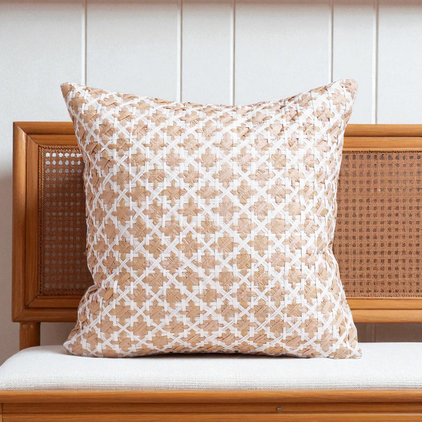Pure Elements Hand-Interlaced Faux Raffia Pillow Cover 18x18 Diamond Pattern