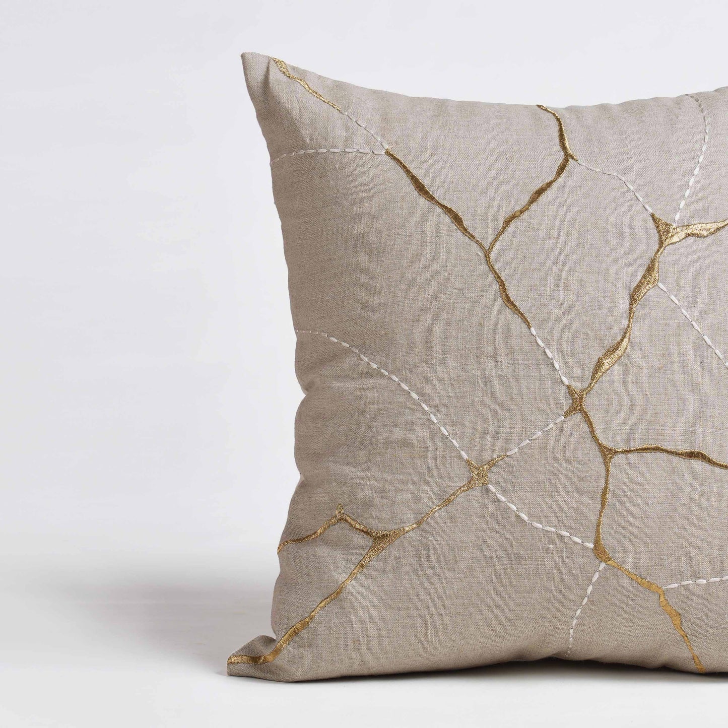 Kintsugi Embroidered Linen Pillow Cover 18x18 Gold White