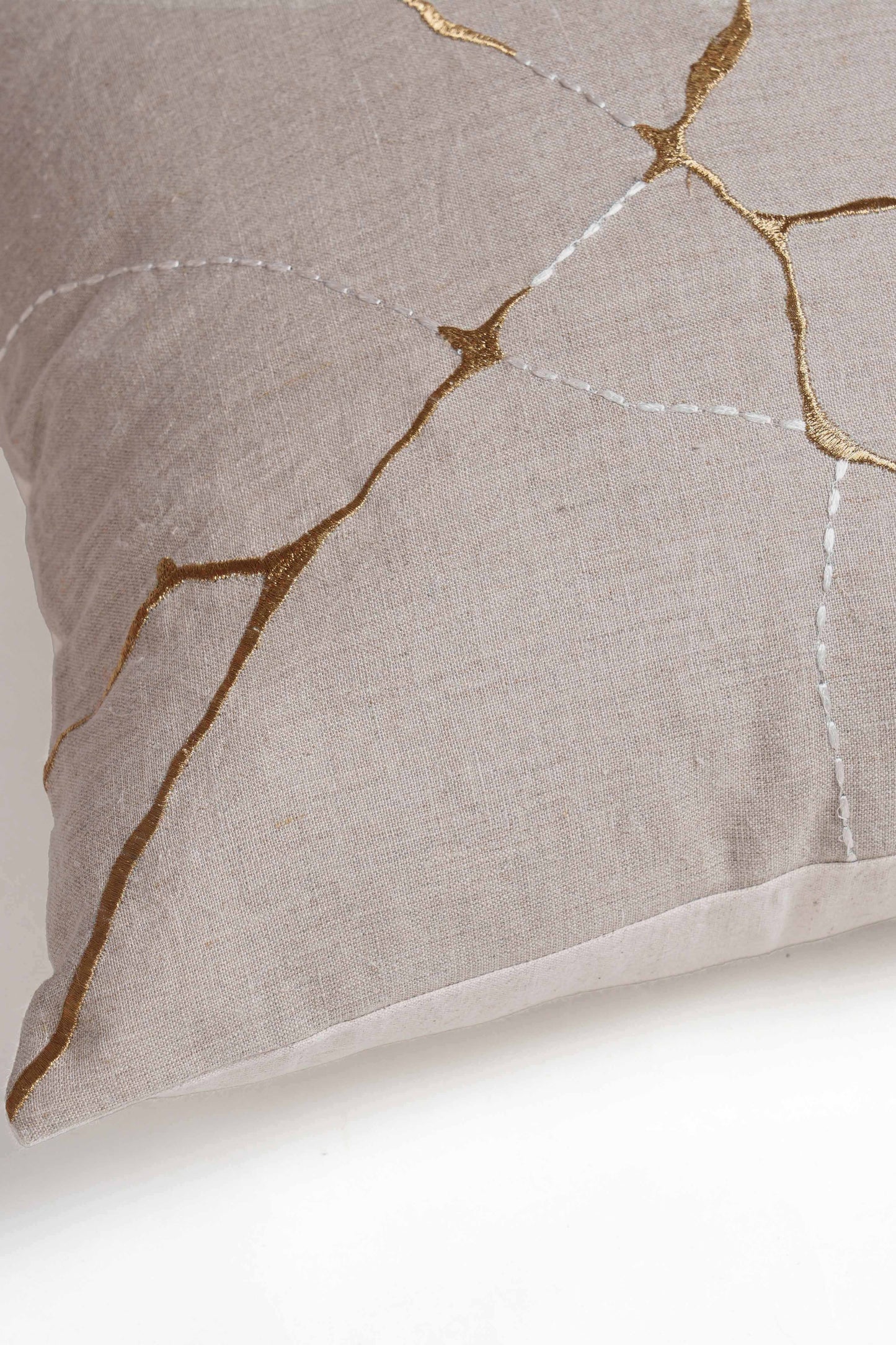 Kintsugi Embroidered Linen Pillow Cover 18x18 Gold White