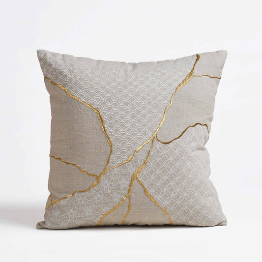 Gold & White Kintsugi Embroidered Linen Pillow Cover 18x18 Inch