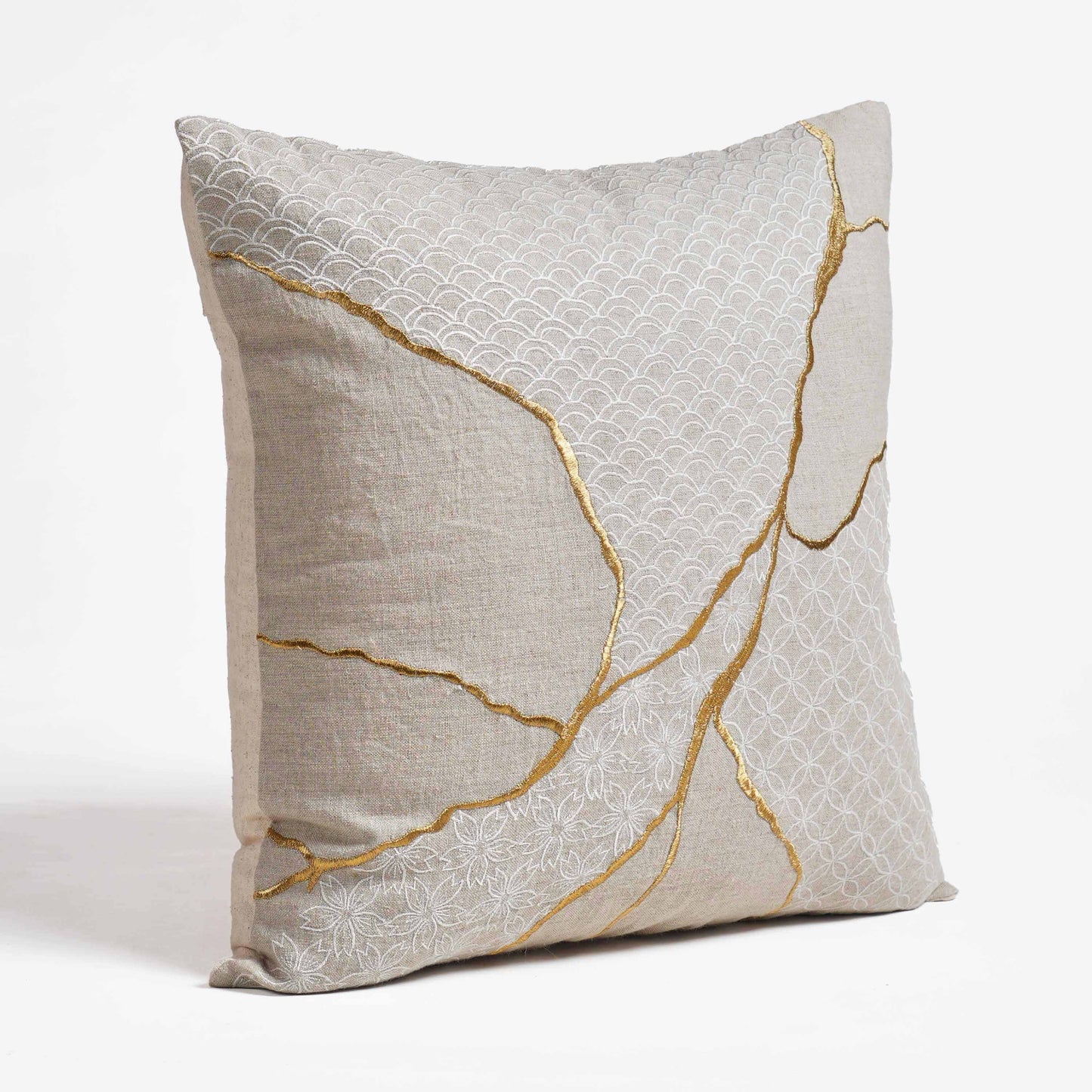 Gold & White Kintsugi Embroidered Linen Pillow Cover 18x18 Inch