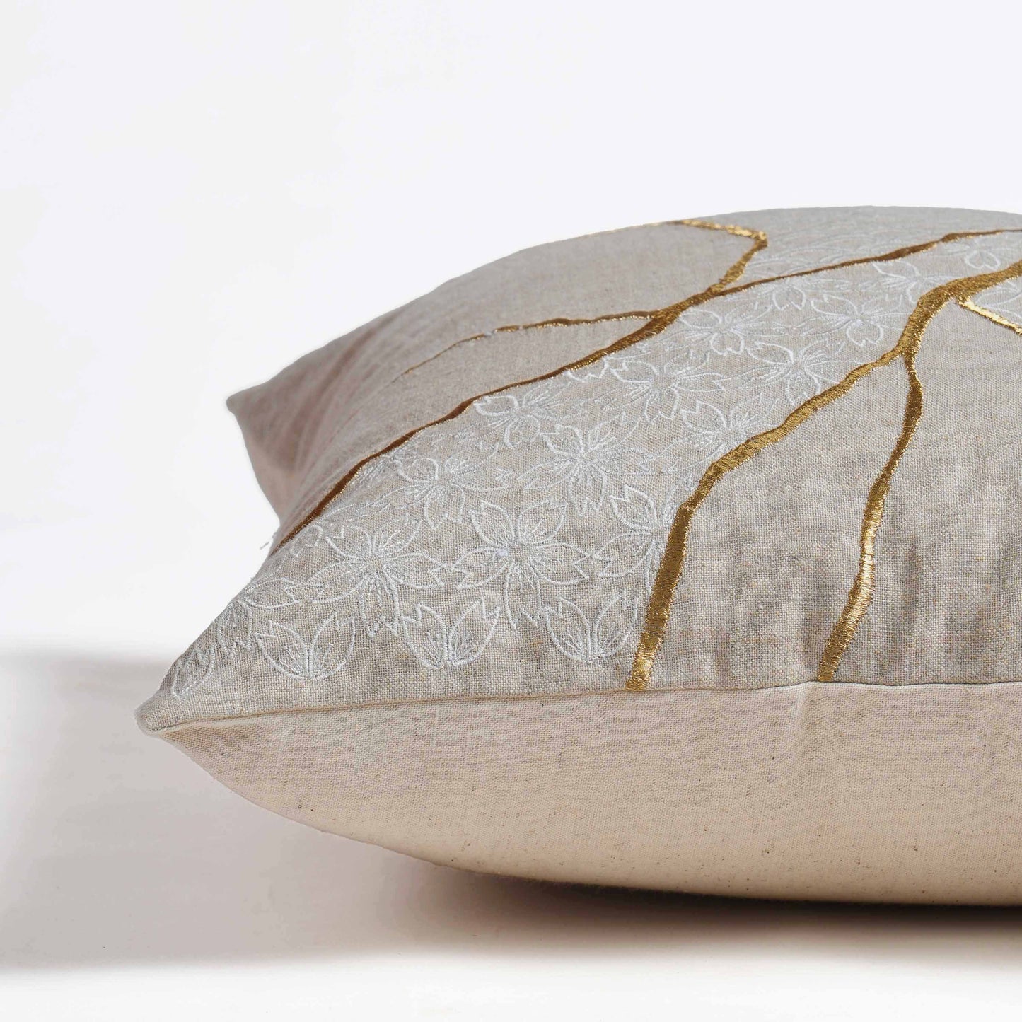 Gold & White Kintsugi Embroidered Linen Pillow Cover 18x18 Inch