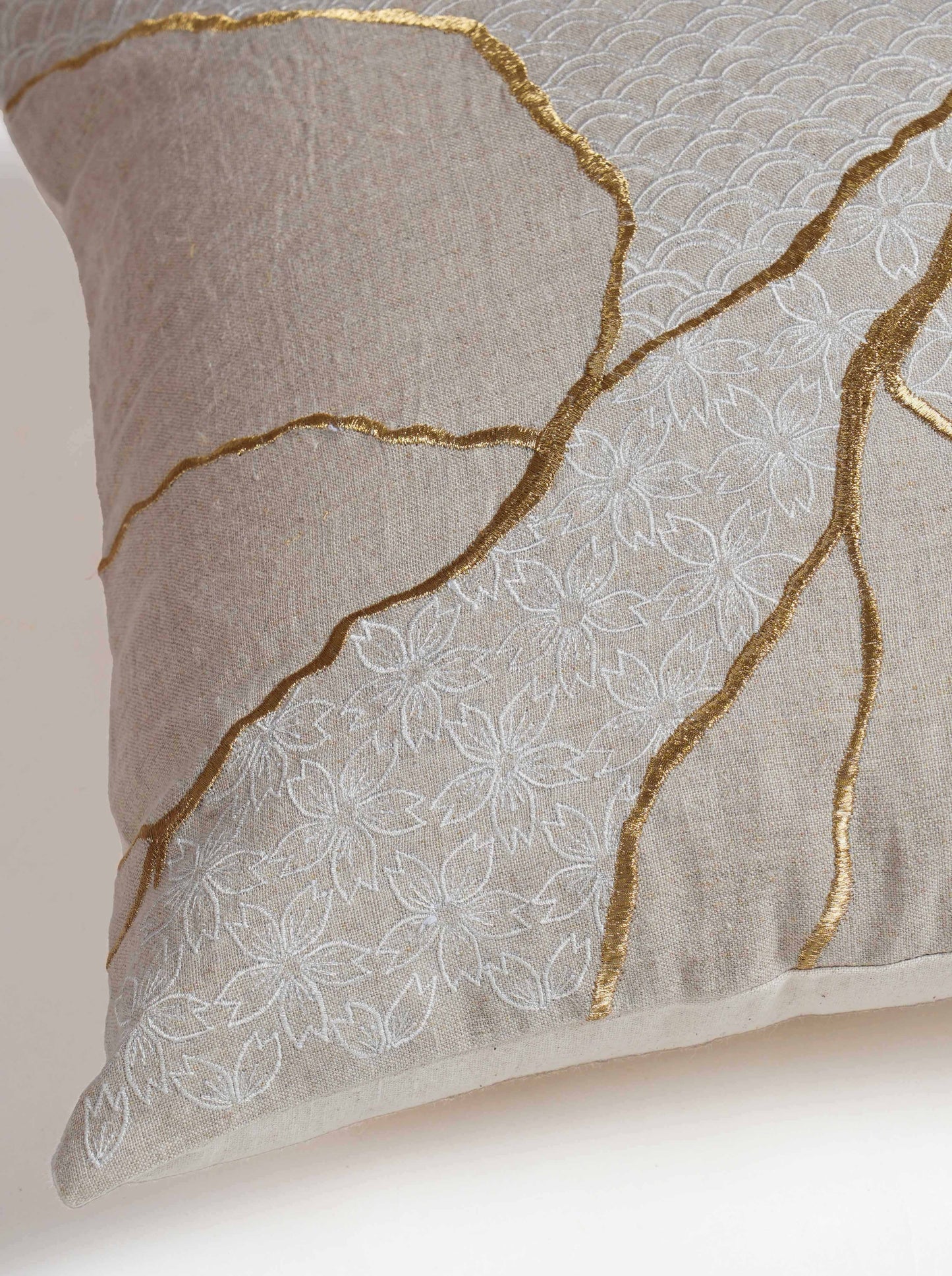 Gold & White Kintsugi Embroidered Linen Pillow Cover 18x18 Inch