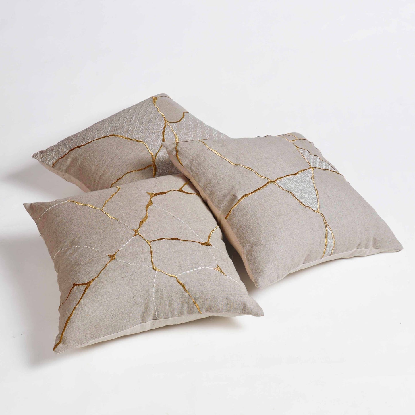 Gold & White Kintsugi Embroidered Linen Pillow Cover 18x18 Inch