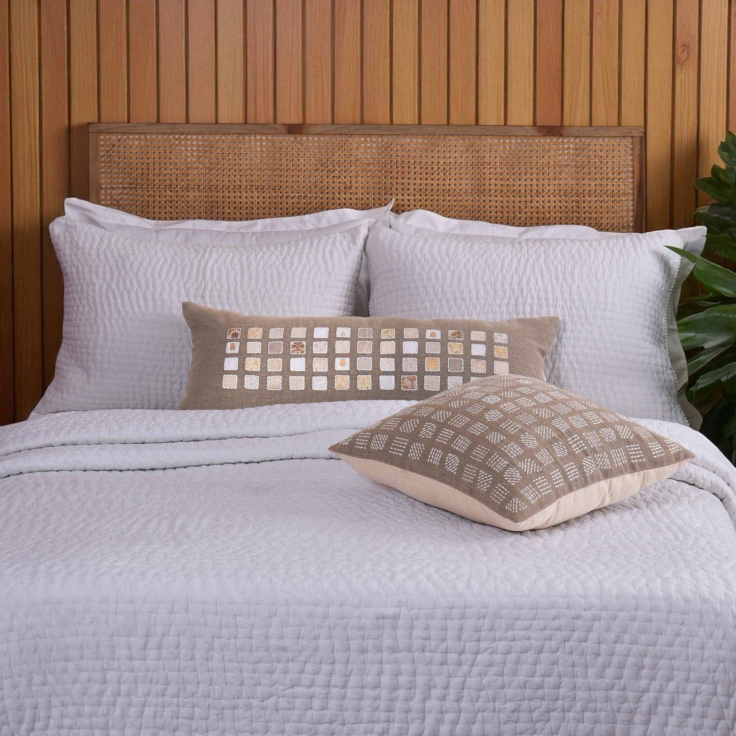 Pure Elements 100% Linen Pillow Cover with White Grid Embroidery