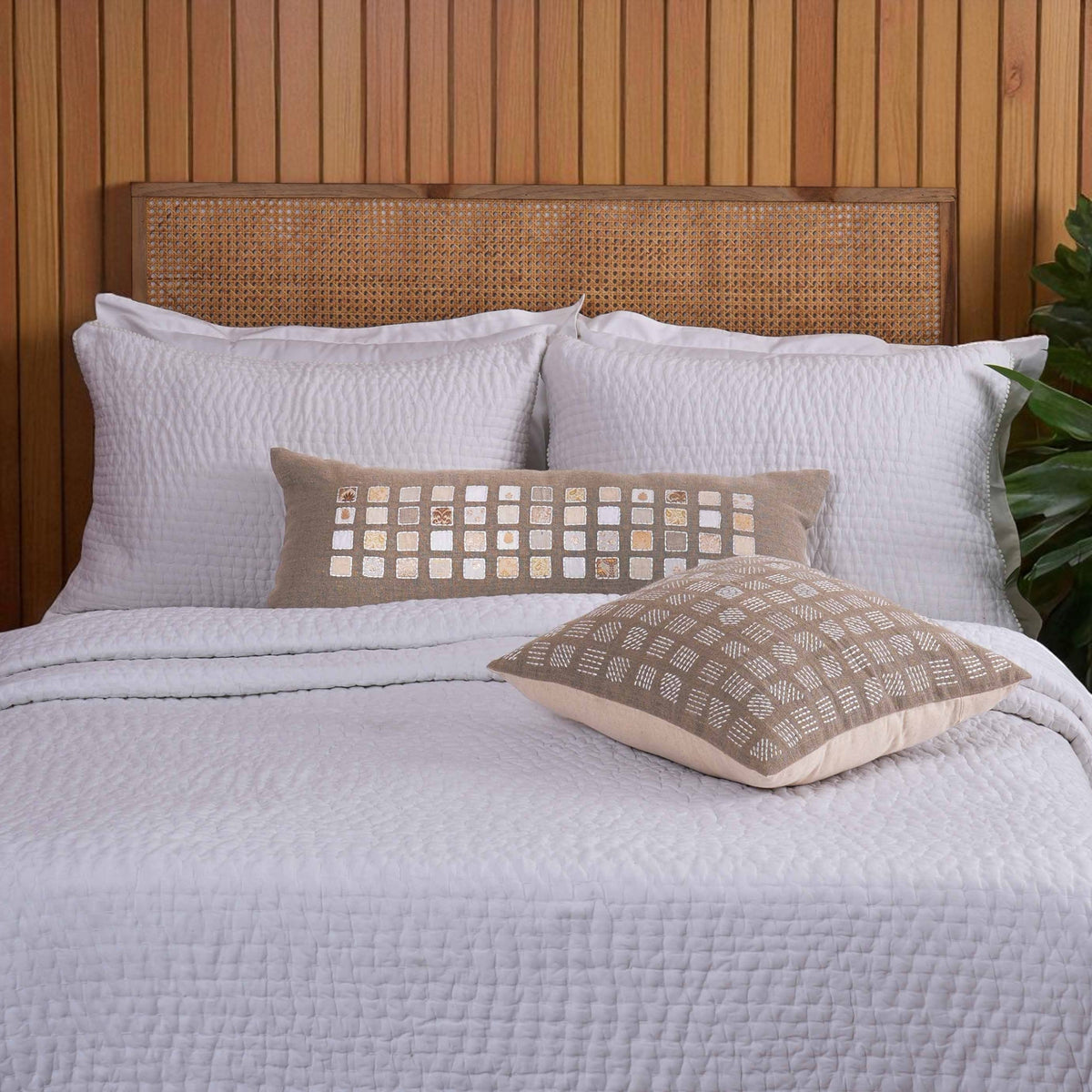 PURE ELEMENTS - Pure Linen Pillow Cover with White Rice Stitch Embroidery - Grid Pattern | 18x18 inches