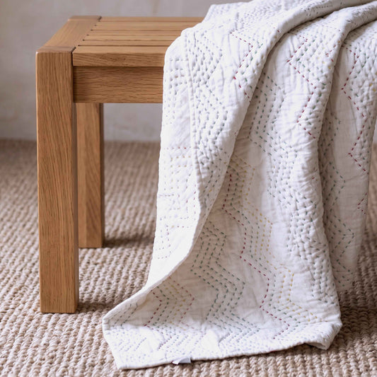 Off White Kantha Quilted Throw | Chevron Zig-Zag Pattern | 100% Cotton Voile | Handmade