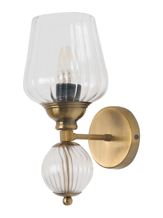Antique Brass Finish Mild Steel Wall Sconce Accented with a Glass Ball and Fluted Glass Goblet Diffuser