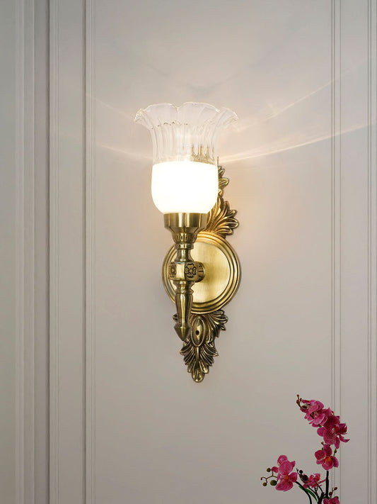 Classic Aluminium Torch Wall Sconce: Antique Brass Finish, Half-White Borosilicate Glass