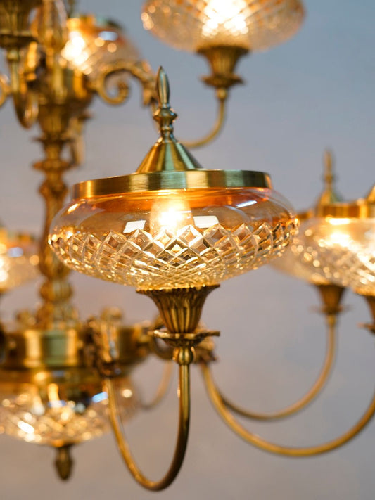 Exquisite Regal Brass 13-Light Chandelier with Golden Luster Cut Glass Shades