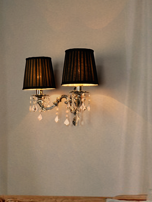 Luxury Cast Brass Crystal Double Wall Sconce with Pleated Black Shades