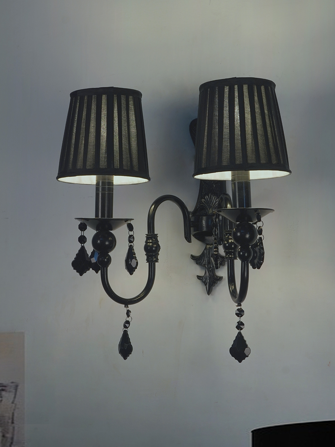 Absolute Black Elegant 2-Light Wall Sconce with Pleated Shades and Crystals