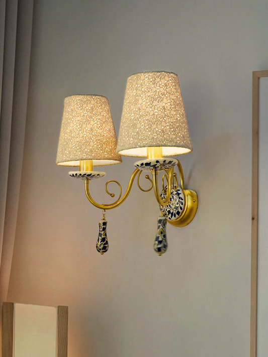 Handcrafted Blue Pottery Floral Double Wall Sconce with Yellow Flowers