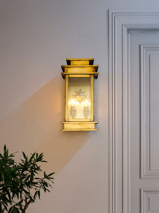 Elegant Antique Brass Art Deco Star Rectangular Wall Sconce with Glass Panels