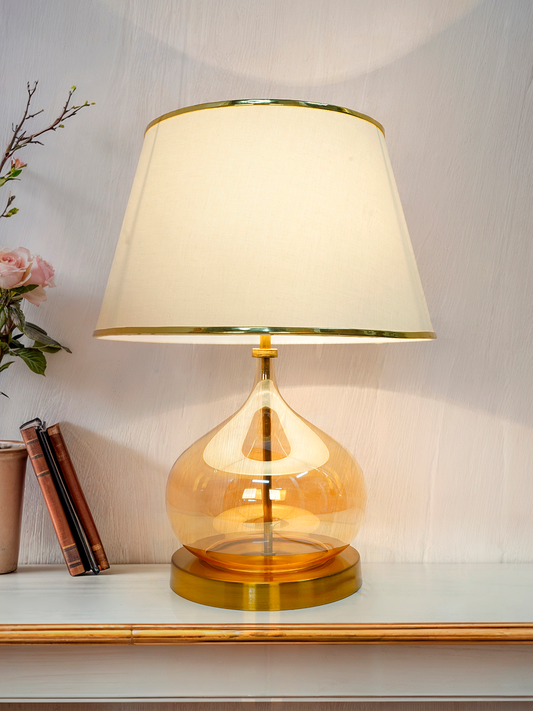 Elegant Teardrop Glass Table Lamp with Golden Luster, Off-White Shade