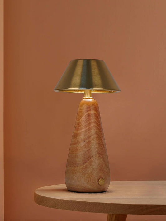 Modern Dimmable Rechargeable LED Table Lamp with Wood Base & Brass Shade