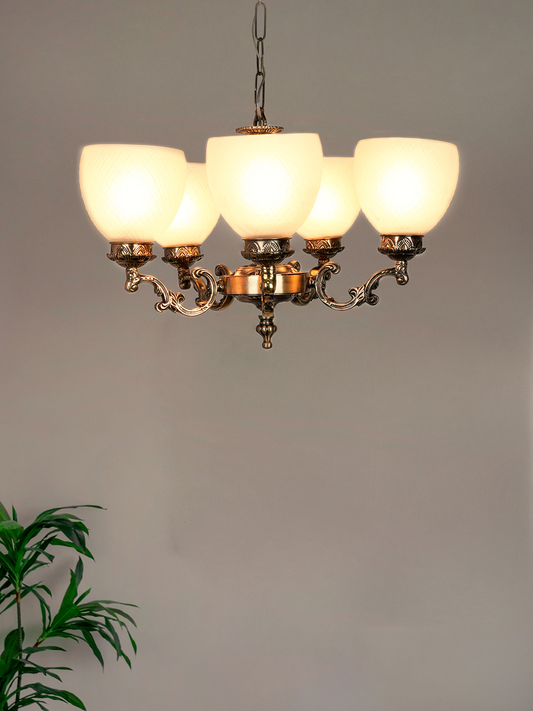 Ornate Antique Brass Aluminium 5-Light Chandelier with Frosted Diamond Glass Shades