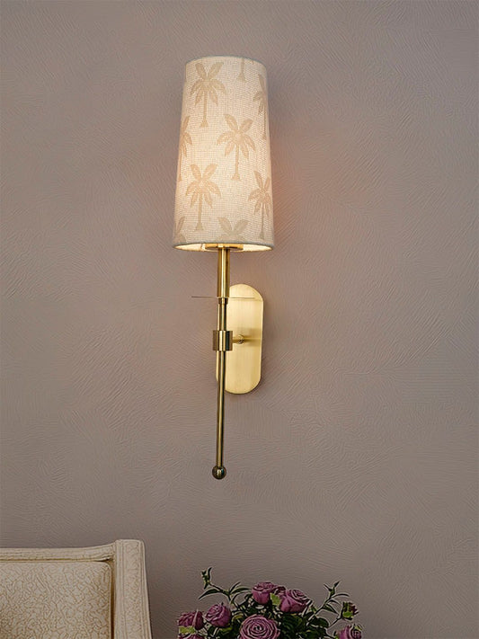 Decorative Antique Brass Long Arm Wall Sconce, Palm Motif Fabric Shade, E27 Holder