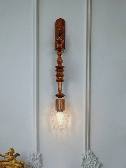 Artistic Long Geometric Wooden Bead Wall Lamp, Sheesham Wood Pendant Light