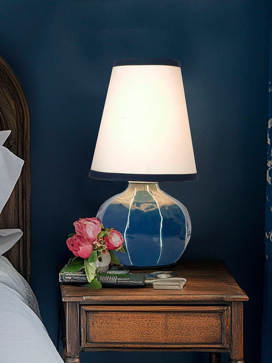 Enamel Blue Melon Shaped Table Lamp Hand-Painted White Lines Modern Accent