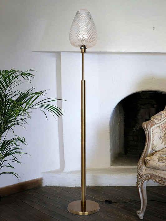 Elegant Mid-Century Golden Floor Lamp with Cut Glass Egg-Shaped Shade