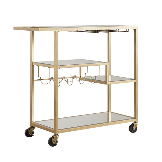 Luxurious Gold Metal Mobile Bar Cart with Mirrored Shelves and Wine Rack