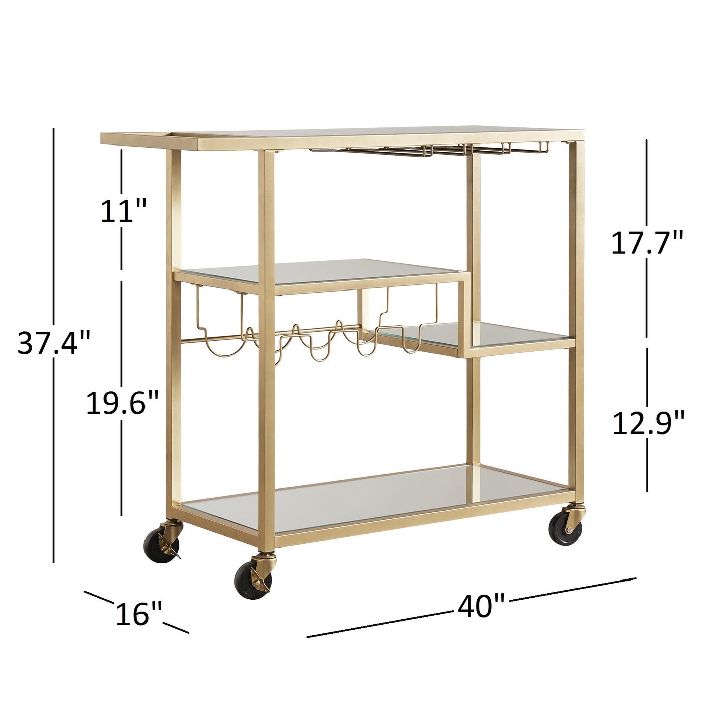 Luxurious Gold Metal Mobile Bar Cart with Mirrored Shelves and Wine Rack