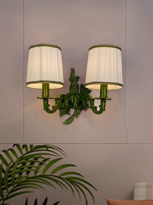 Elegant Double Green Grapevine Wall Sconce with Ivory Pleated Fabric Shades