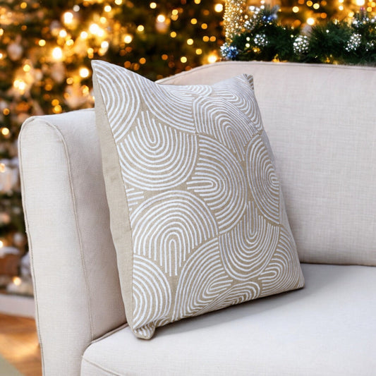 Beige Linen Christmas Pillow Cover with White Embroidered Retro Pattern