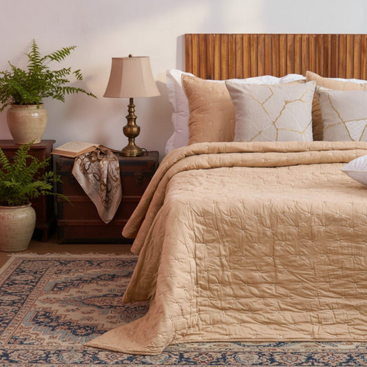 Beige 300TC Fine Cotton Quilted Bed Set – Diamond Pattern Tuck Quilting