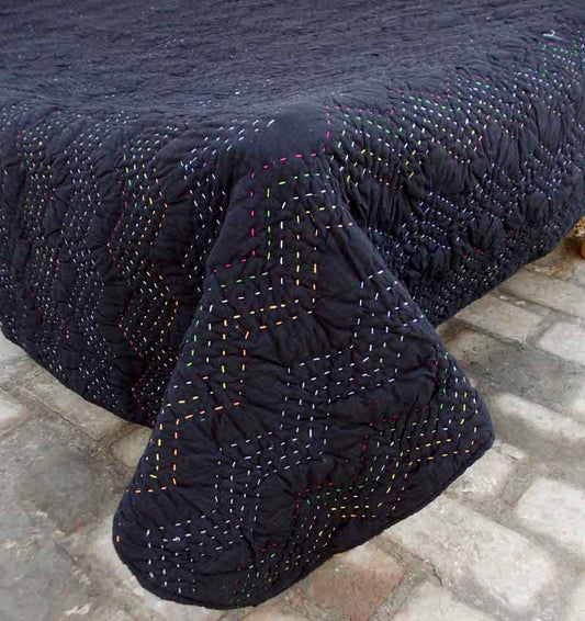 Black Kantha Chevron Pattern Quilted Bedspread – Twin to King Sizes