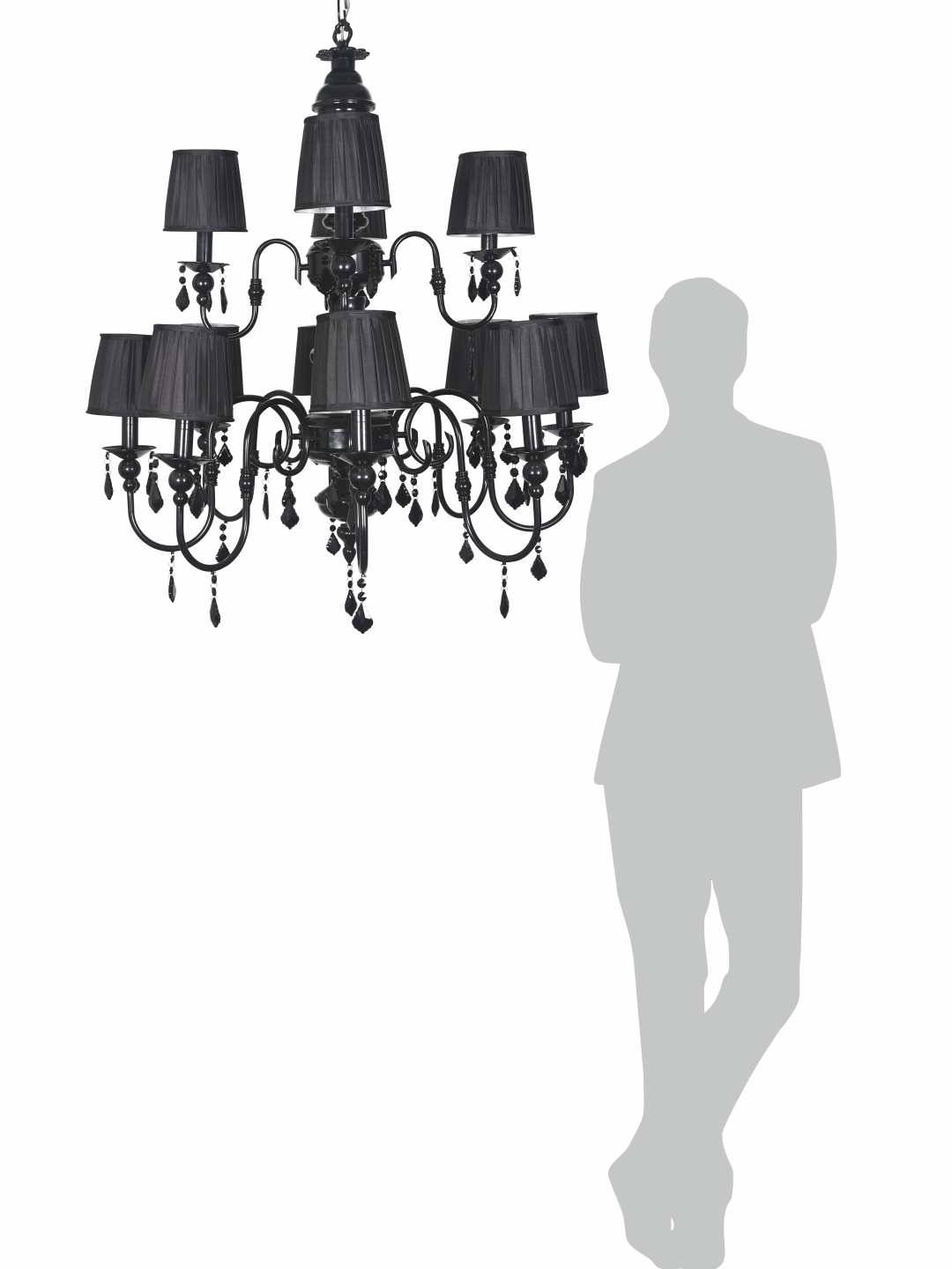 Absolute Black 2 Tier 12 Light Chandelier with Black Crystals and Shades comparison with human