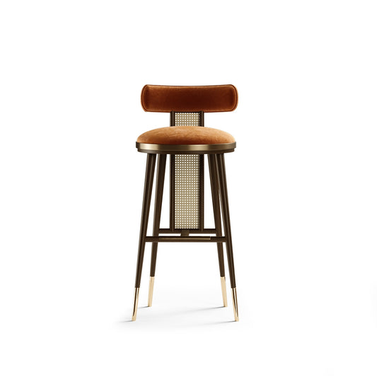 Blake Modern Rattan Back Bar Stool: Elegant Wooden Seat, Metal Accents